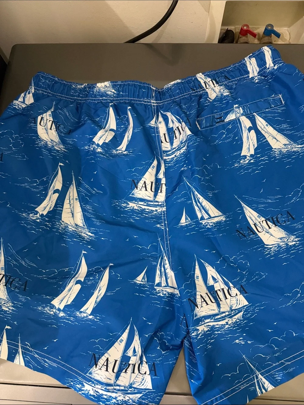 Nautica Blue Sailboat Print Swim Shorts with Yellow Drawstring